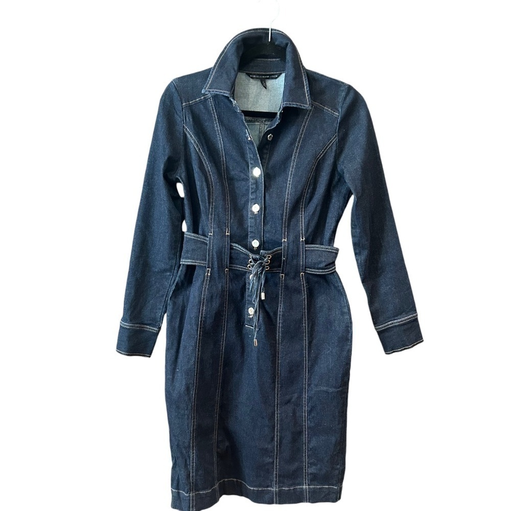 WHBM Stretch Denim Midi Shirt Dress with Corset Belt  Dark Indigo